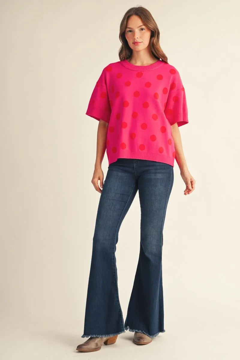 Short sleeves polka dot comfy sweater