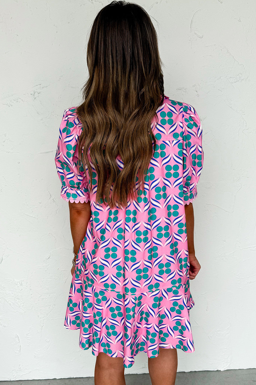 Pink Geometric Floral Print V Neck Ricrac Trim Short Sleeve Mini Dress