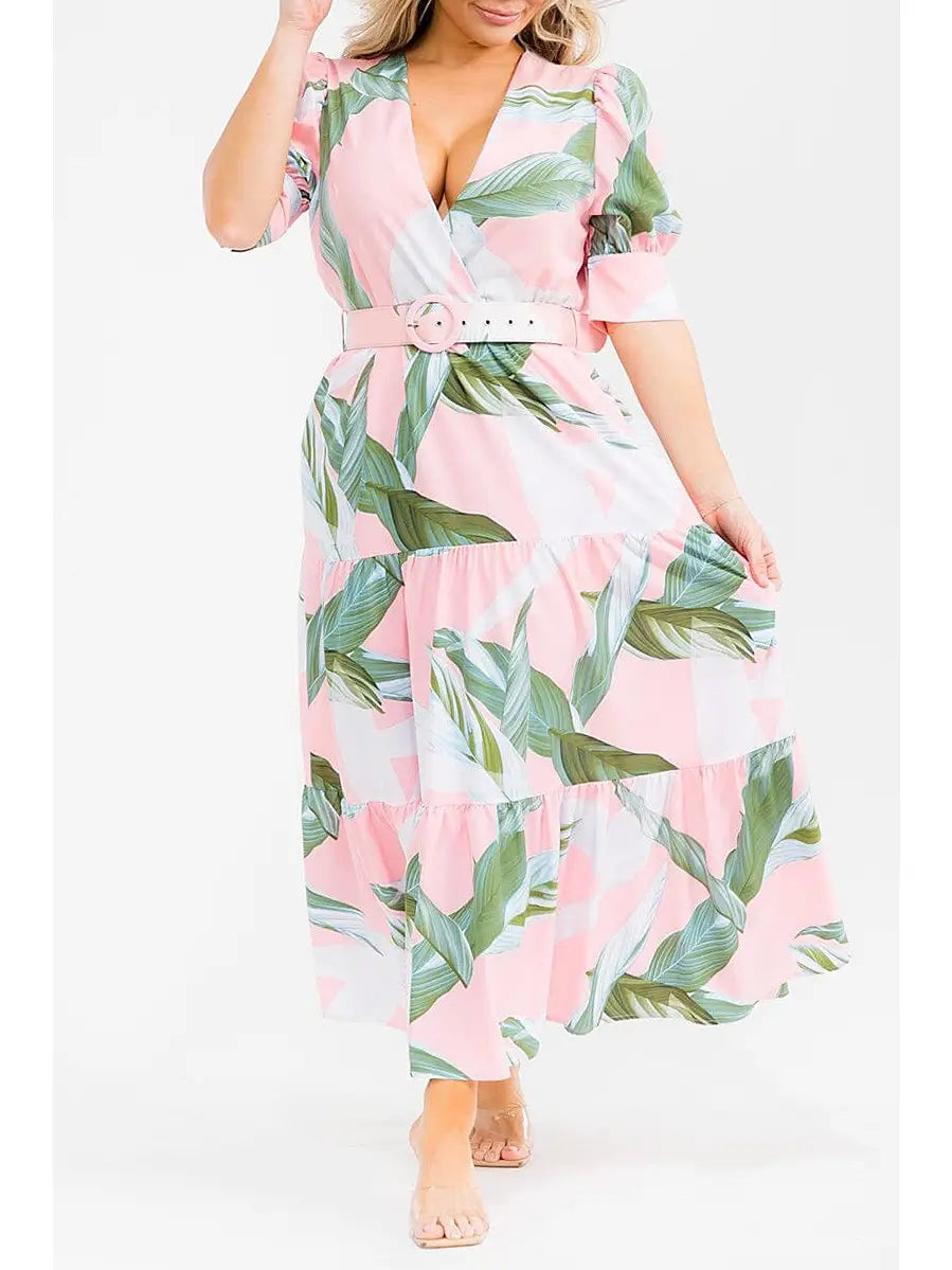 Leaf Print Short Sleeve Belted Maxi Dress