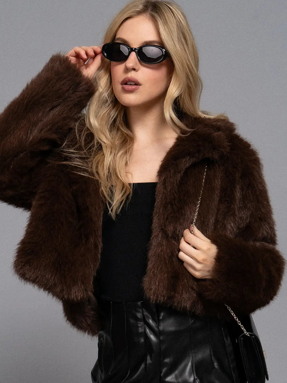 Long Sleeve Notched Collar Faux Fur Cropped Jacket