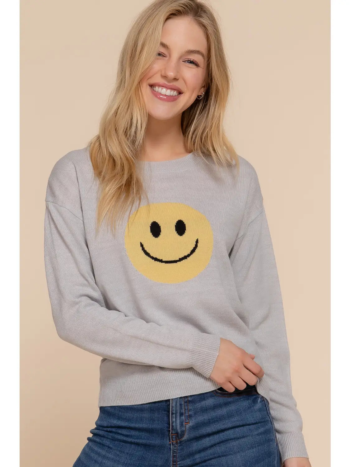 Long Sleeve Crew Neck Smile Face Jacquard Sweater