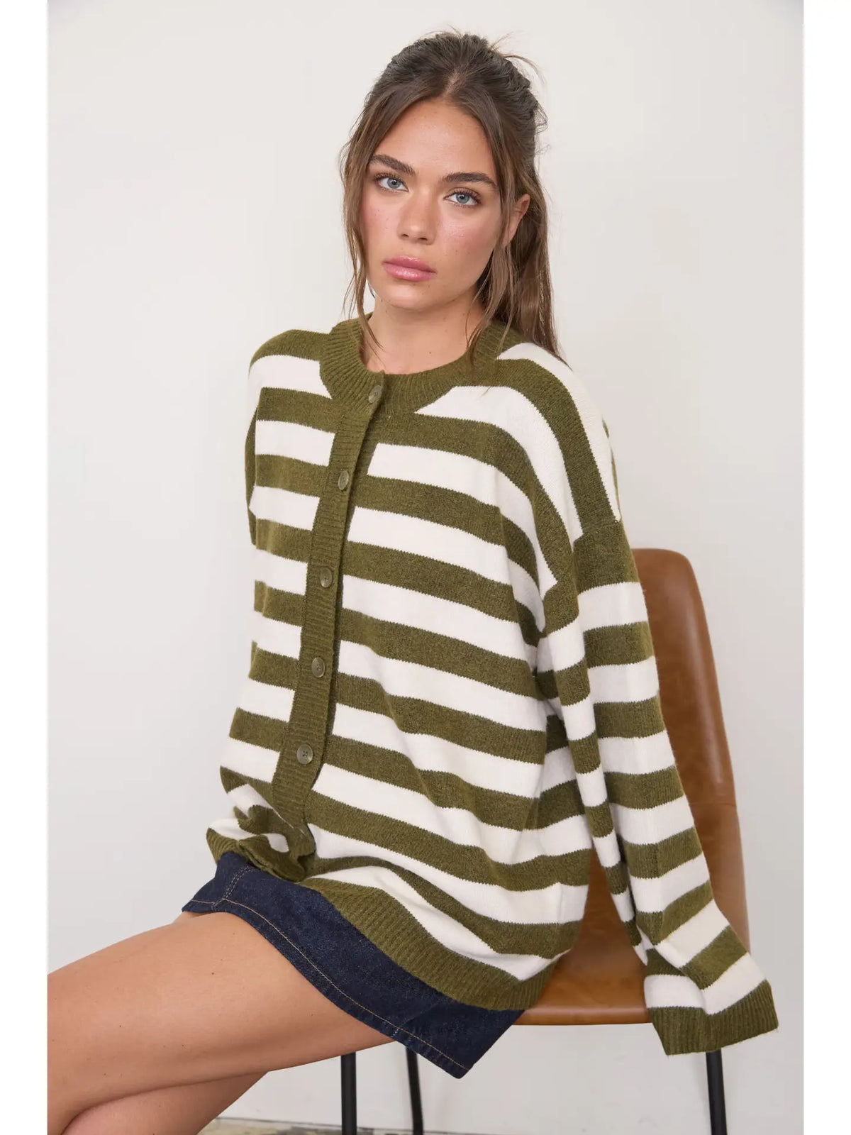Striped Round Neck Button Down Boxy Knit Cardigan