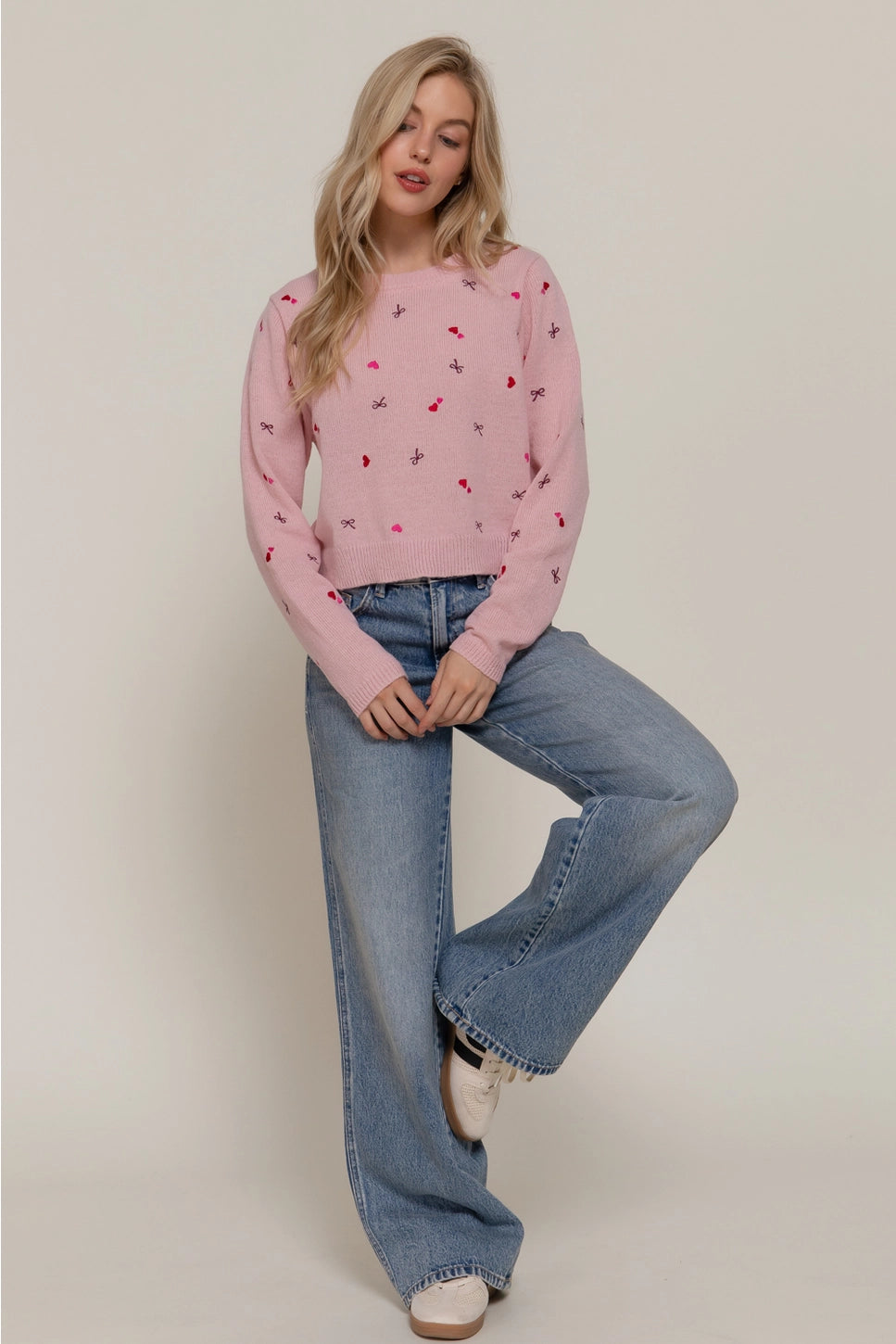 Long Sleeve Round Neck All Over Embroidery Sweater