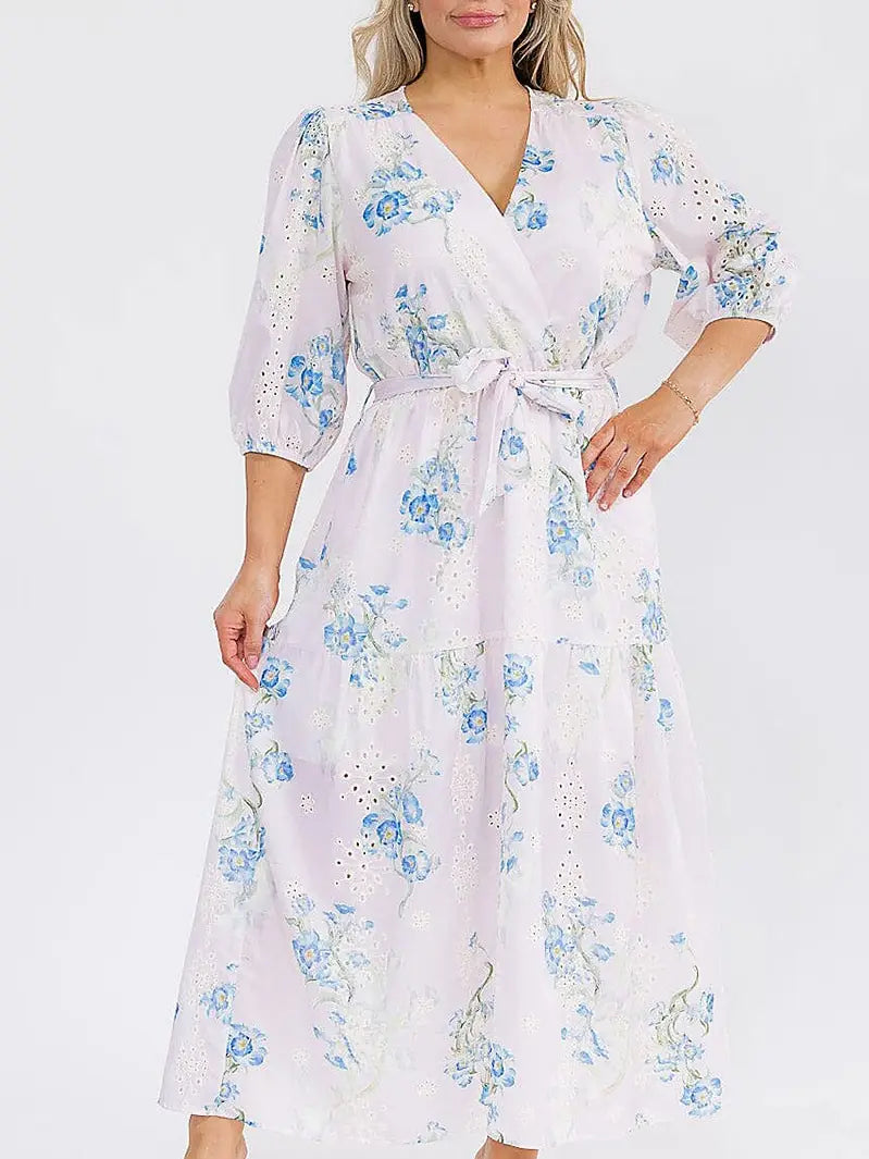 Surplice Self Tie Eyelet Floral Print Maxi Dress
