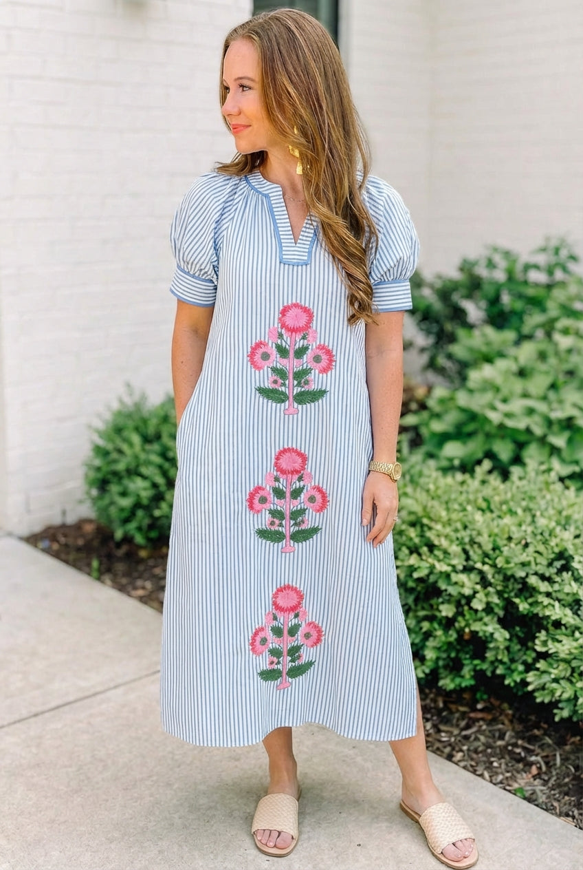 Stripe short sleeve midi dress featuring floral embroidery