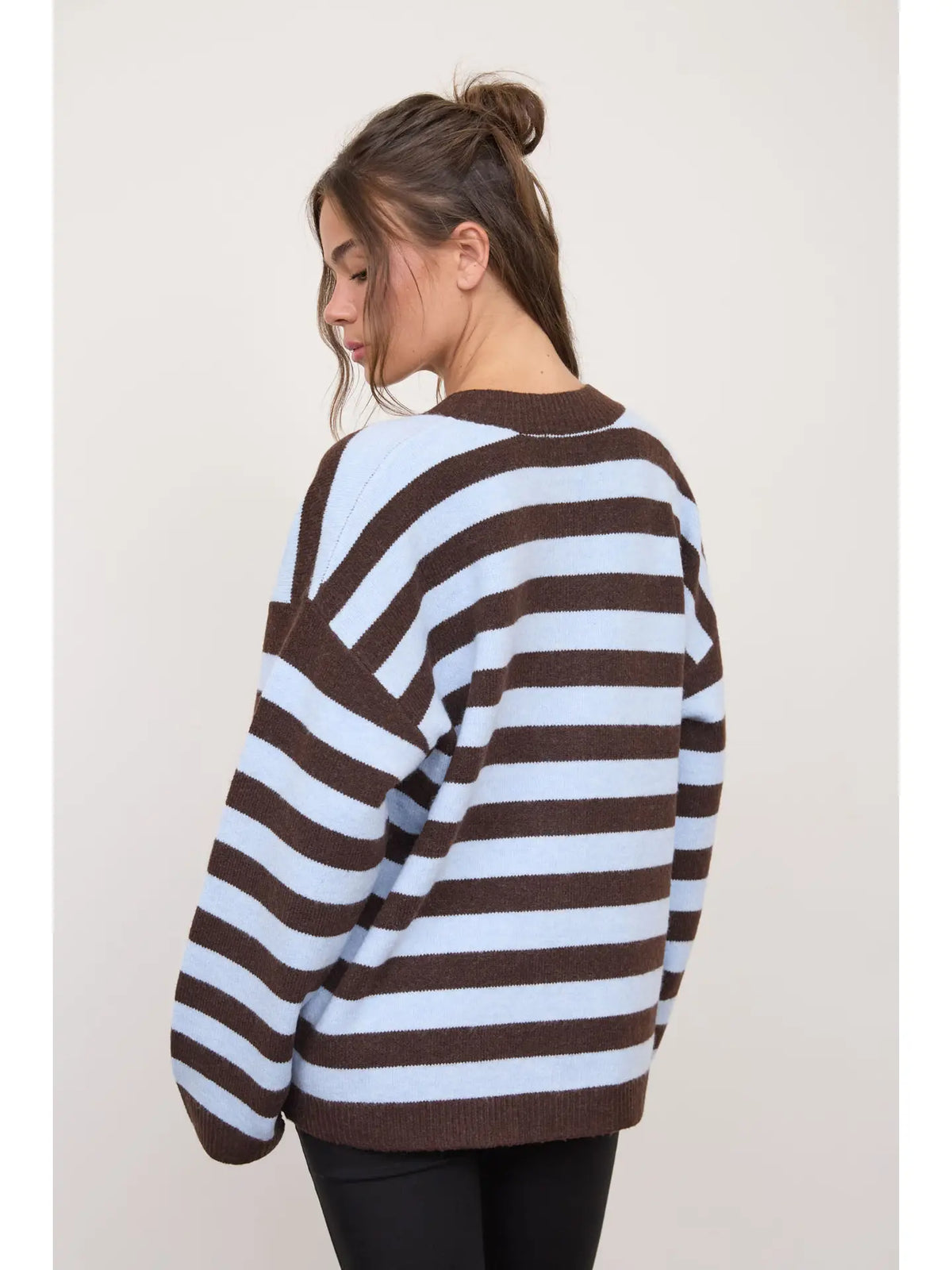 Striped Round Neck Button Down Boxy Knit Cardigan