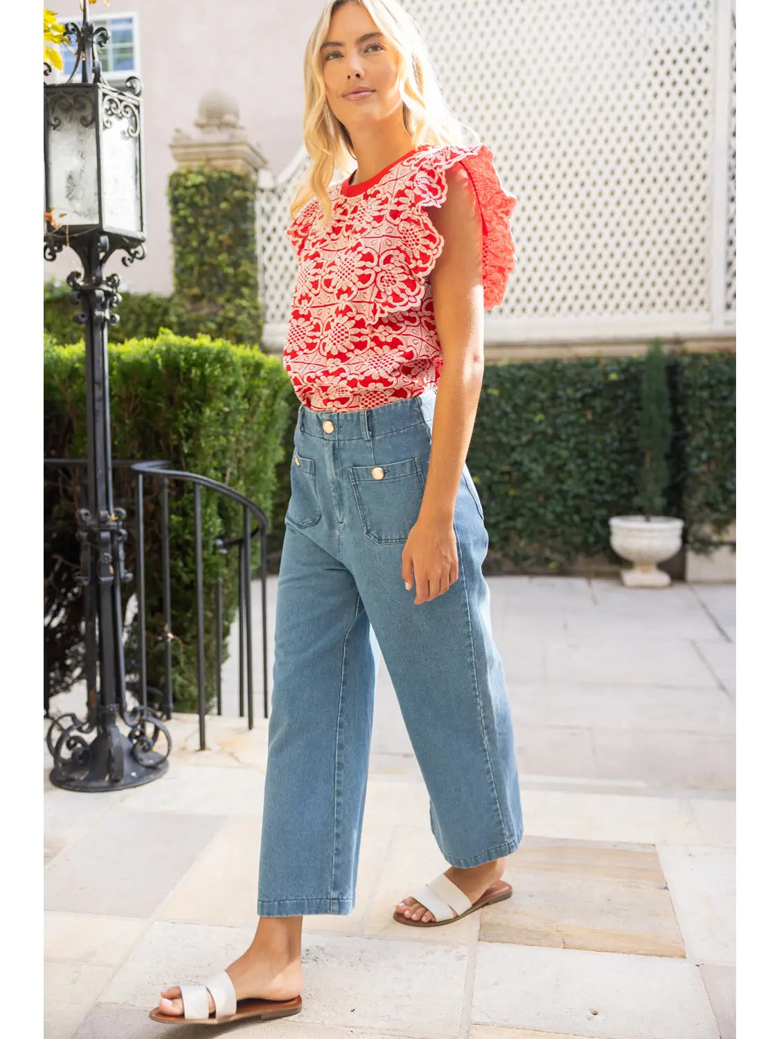 Double Pocket Gold Button Straight Leg Jean Pants