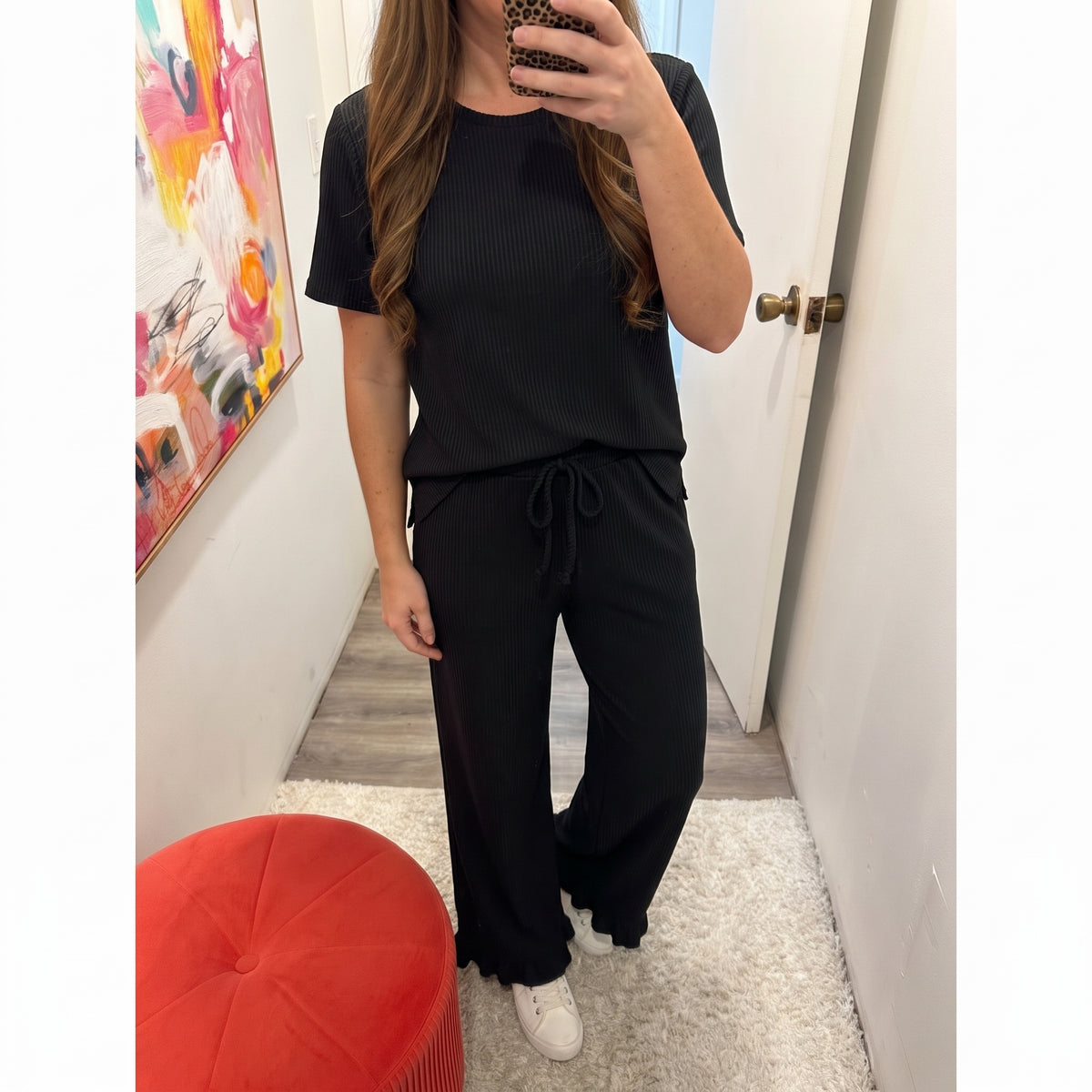 ribbed ruffle pants set