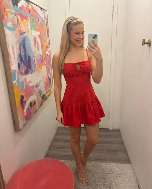 Square Neck Tie-Front Flared Dress