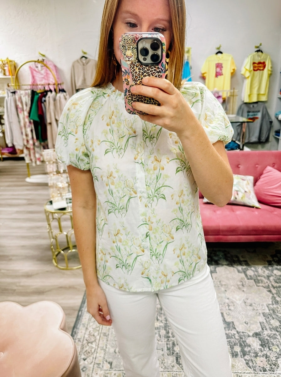 Floral Print Button Down Blouse Green Mix