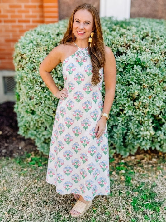Floral Print Halter Midi Dress with Rosette Detail
