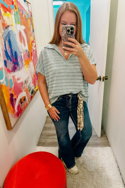 Raised Rib Striped Collared Top