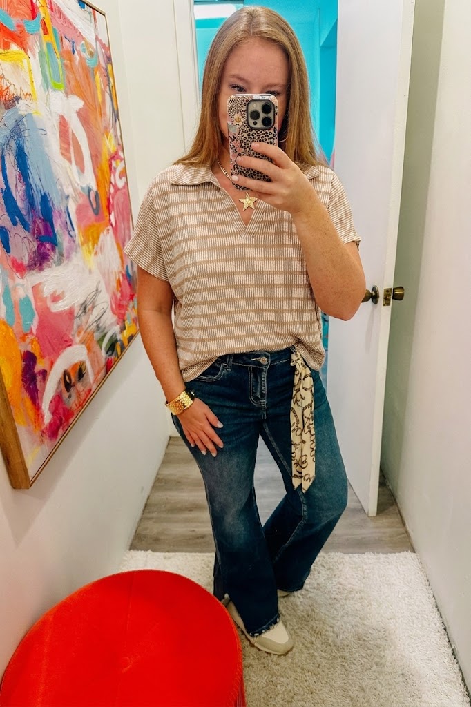 Raised Rib Striped Collared Top