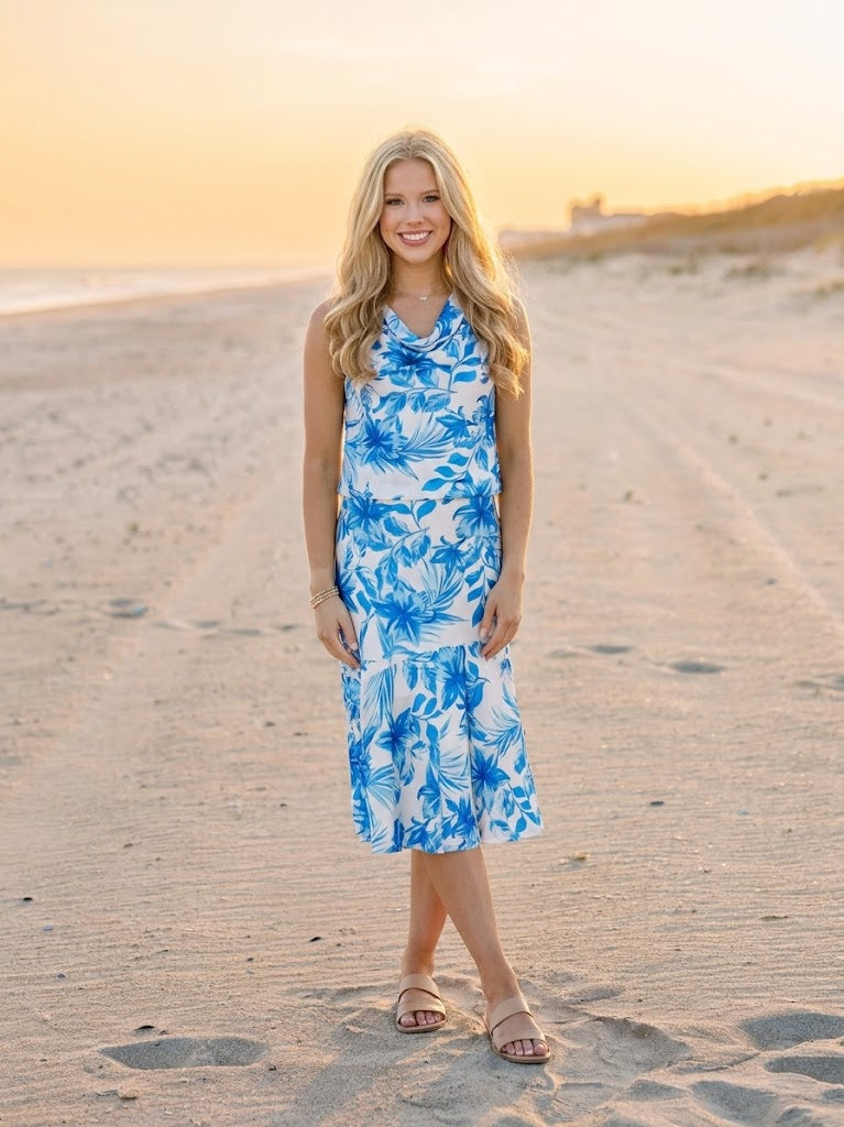 Floral Print Cowl Neck Sleeveless Satin Set