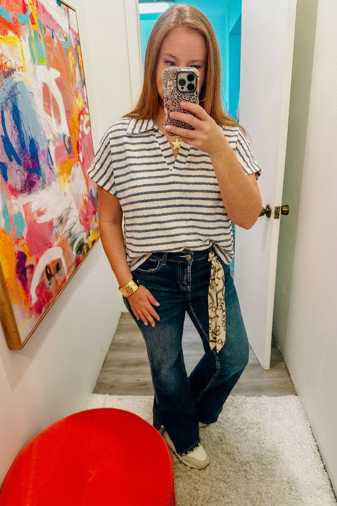 Striped Split Neck Collared Top