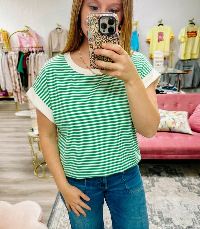 Stripe Contrast Trim Rib Banded Top
