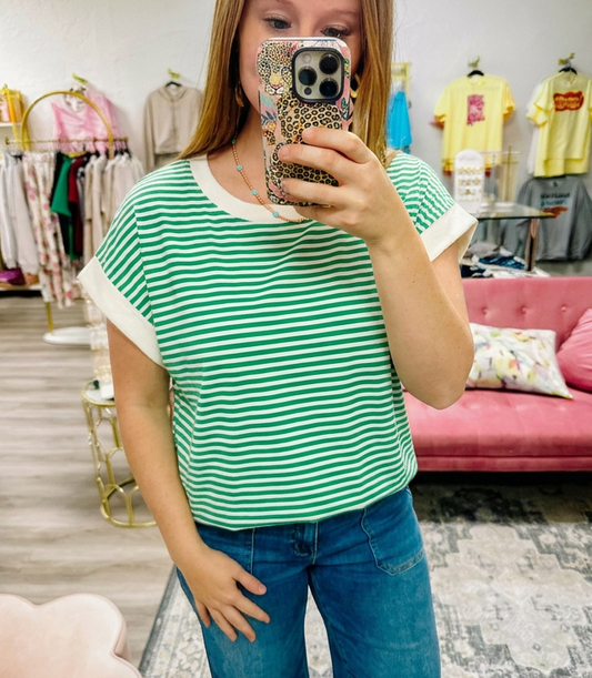 Stripe Contrast Trim Rib Banded Top