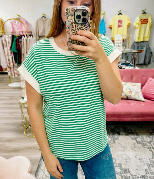 Stripe Contrast Trim Rib Banded Top