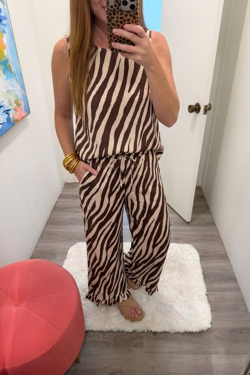 brown zebra ruffle pants set