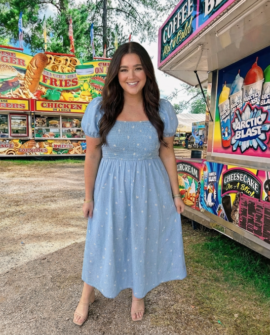 Plus Floral Embroidery Smocked Denim Midi Dress