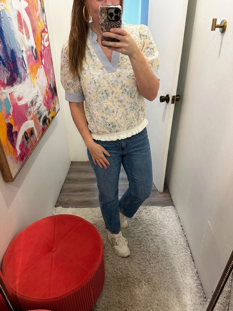 Stripe Contrast Detail Floral Embroidered Top