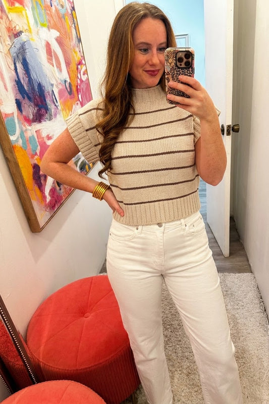 Striped Cropped Mock Neck Sweater