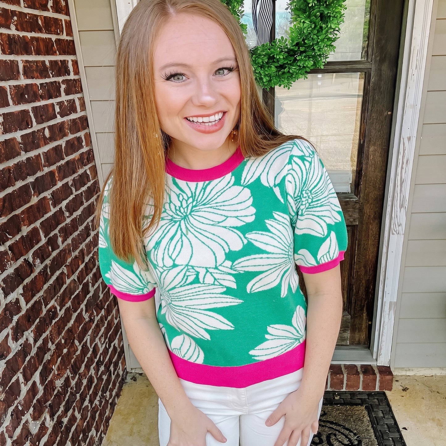 Contrast Color Floral Printed Knit Top