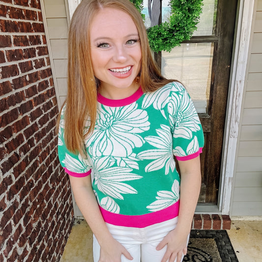 Contrast Color Floral Printed Knit Top