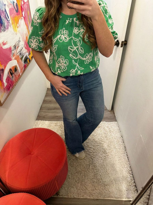 Floral Embroidered Short Bubble Sleeve Top