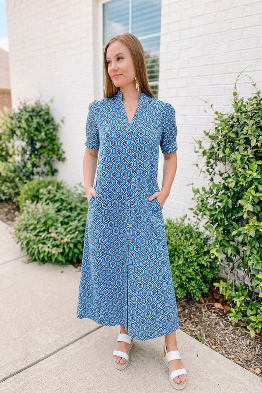 Bright Printed Button Down Midi Dress Sapphire Mix