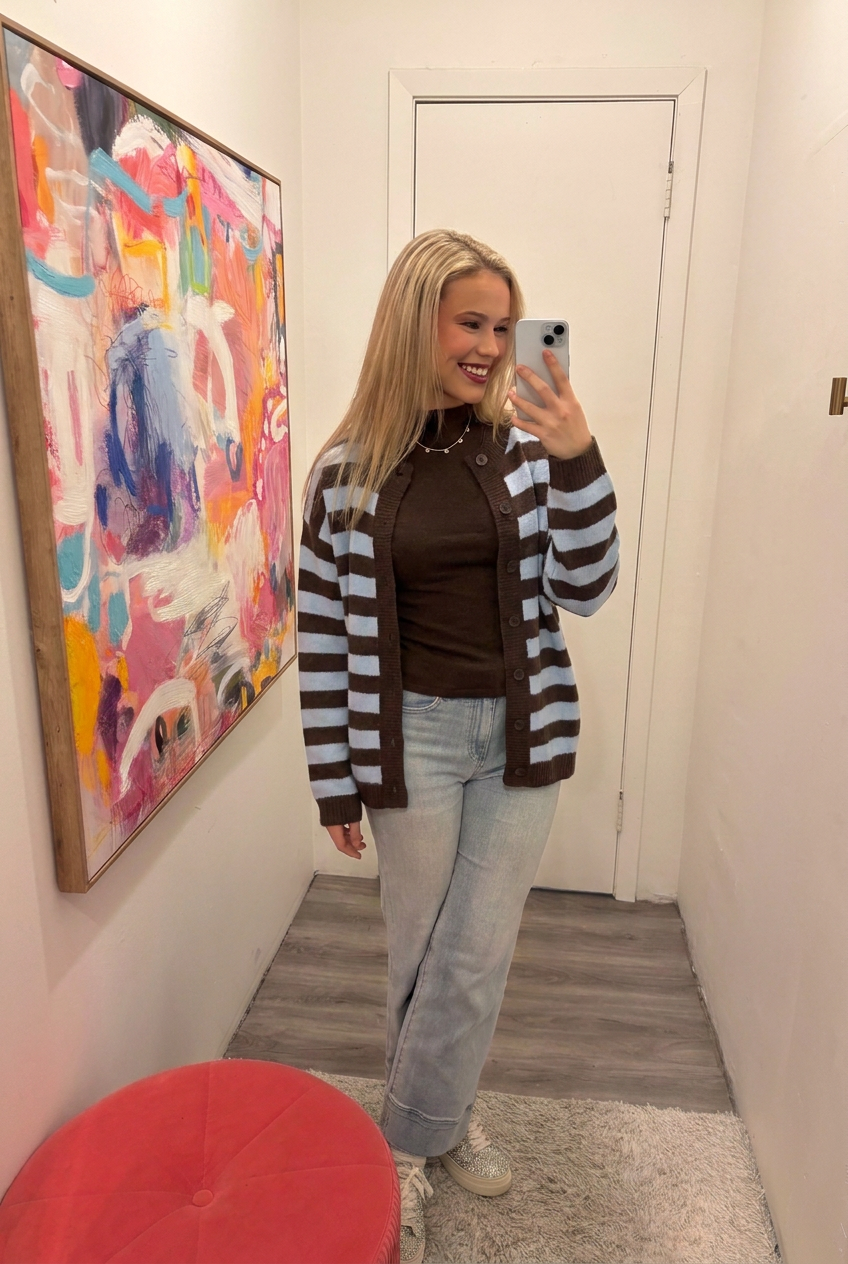 Striped Round Neck Button Down Boxy Knit Cardigan
