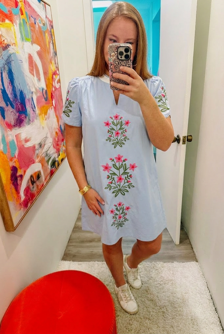 Floral Embroidered V-neck Dress