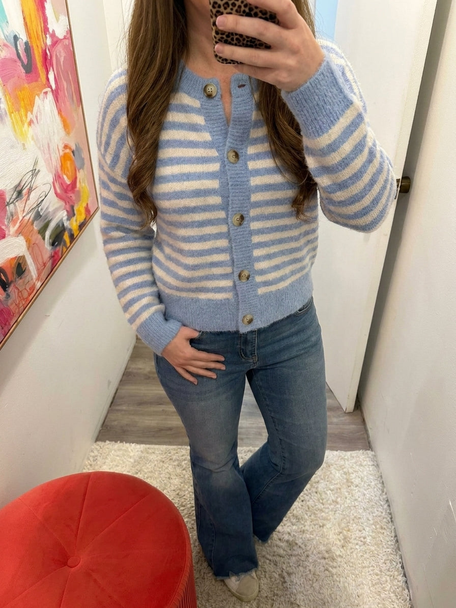 Stripe Round Neck Button Down Fuzzy Knit Cardigan