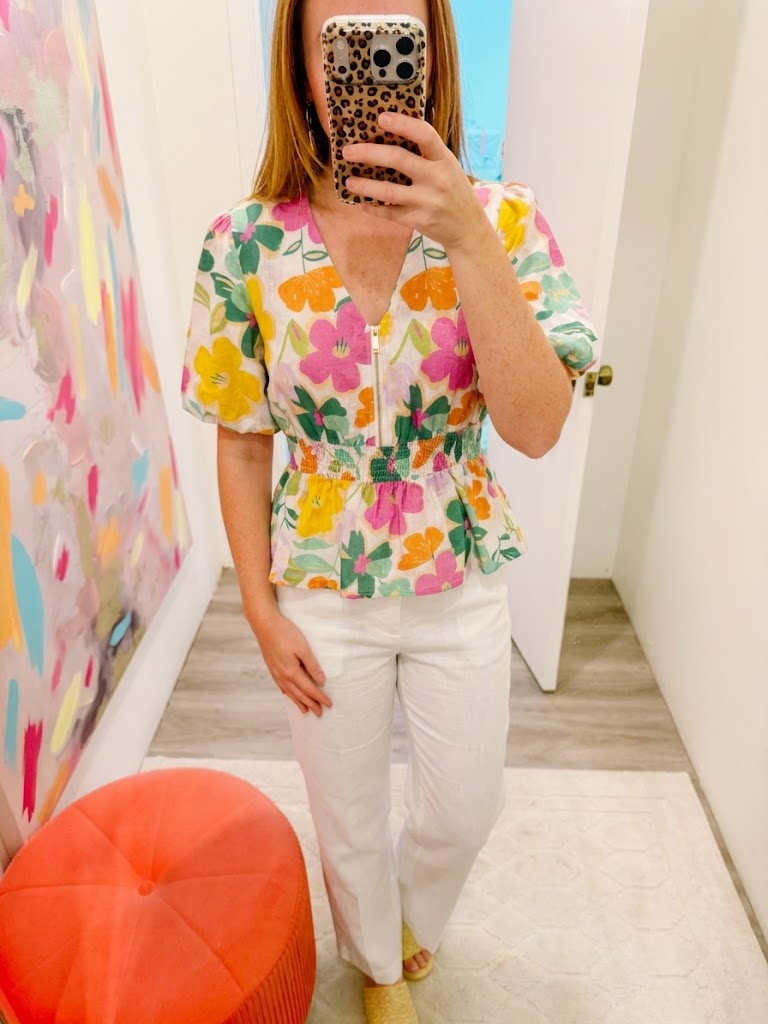 Half Zip V-Neck Floral Peplum Top