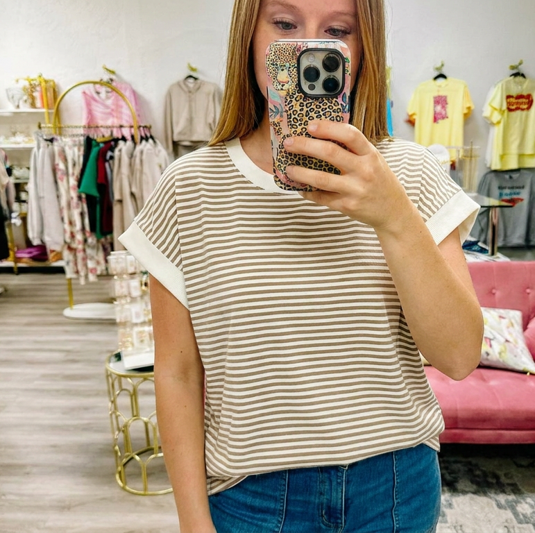 Stripe Contrast Trim Rib Banded Top