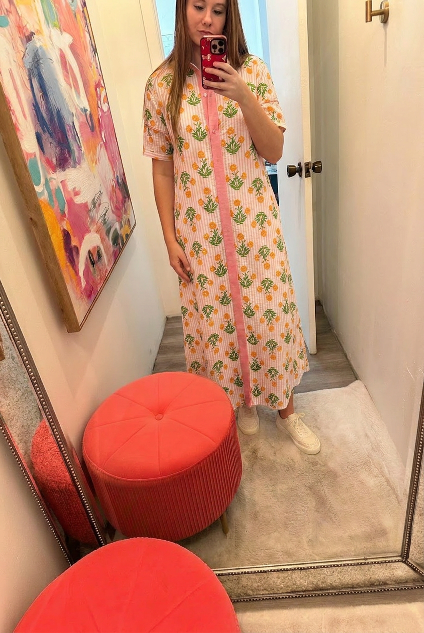 Striped Floral Maxi Shirt Dress