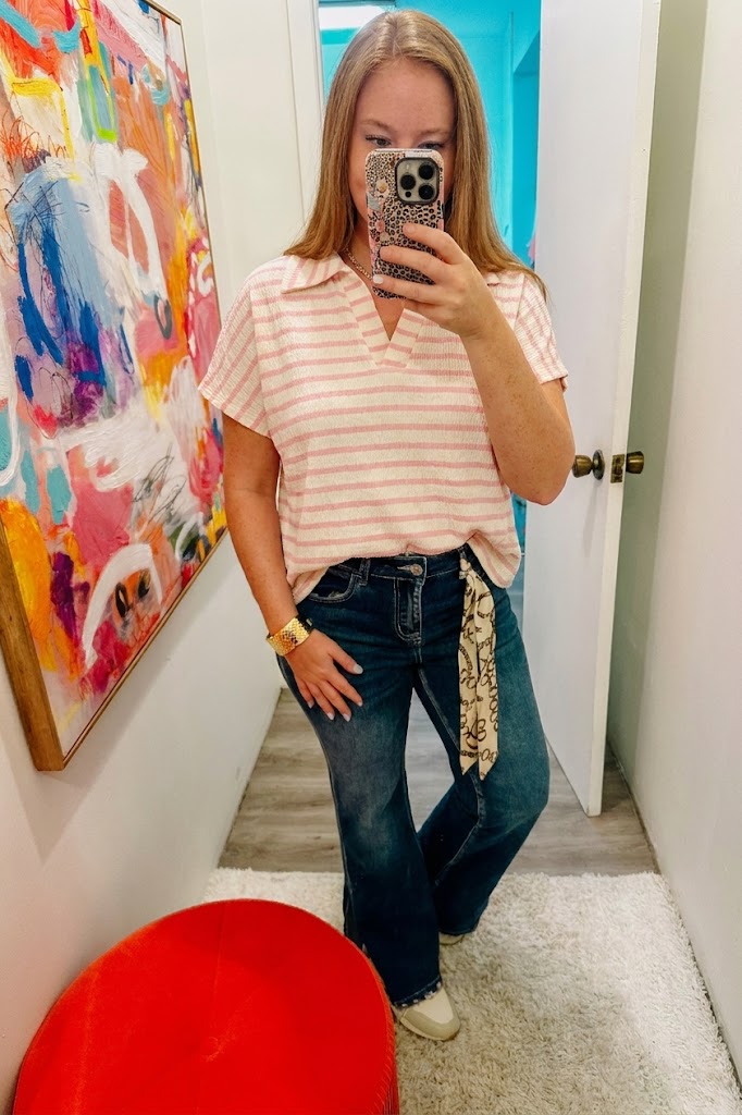 Striped Split Neck Collared Top
