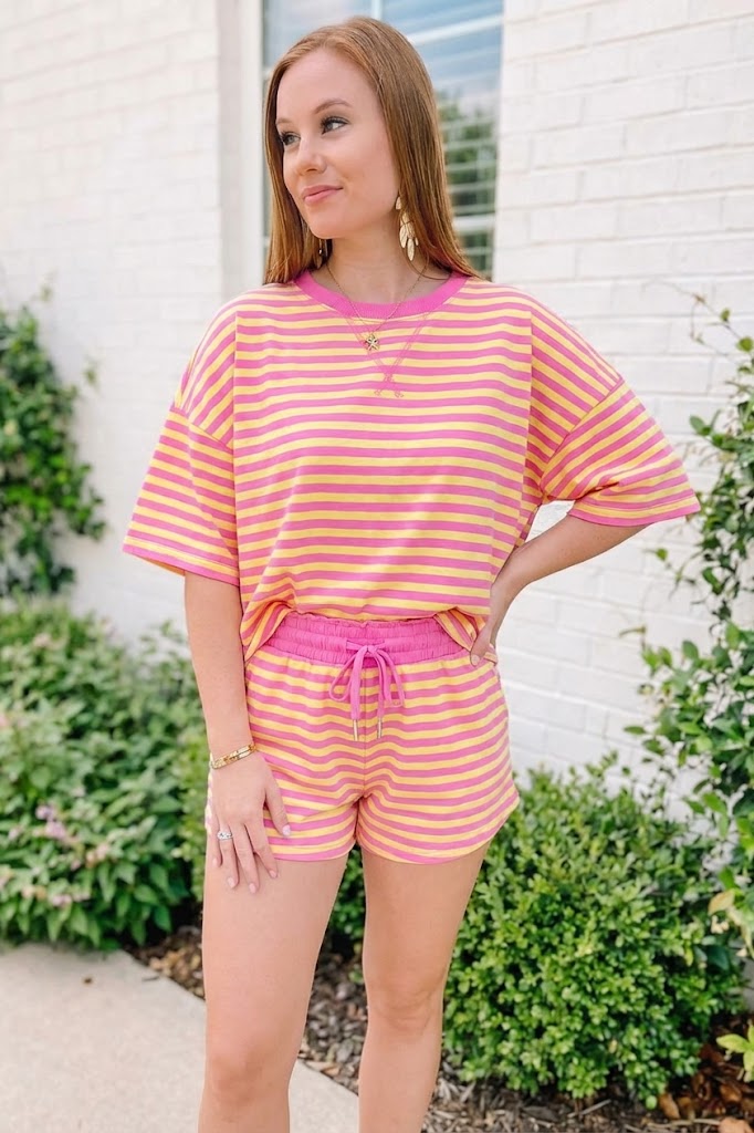 Rose Stripe Drop Shoulder Boxy Casual Terry Short Set