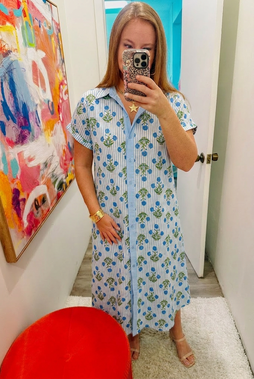 Striped Floral Maxi Shirt Dress