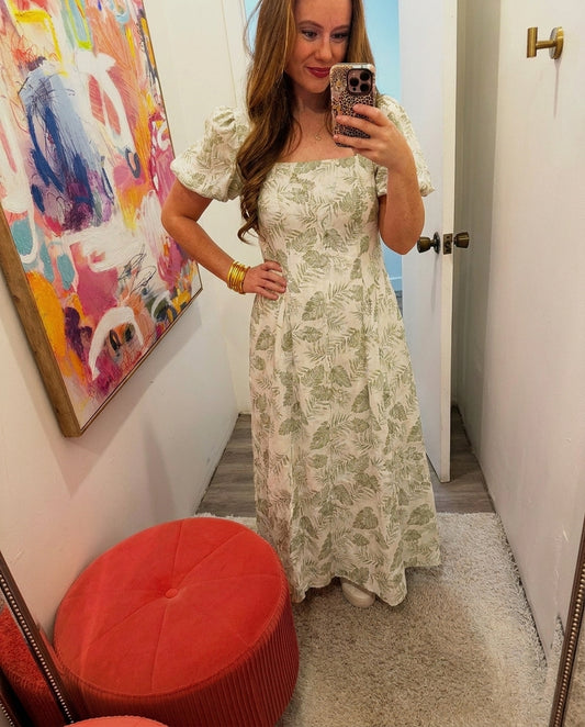 Palm Print Square Neck Midi Dress Green