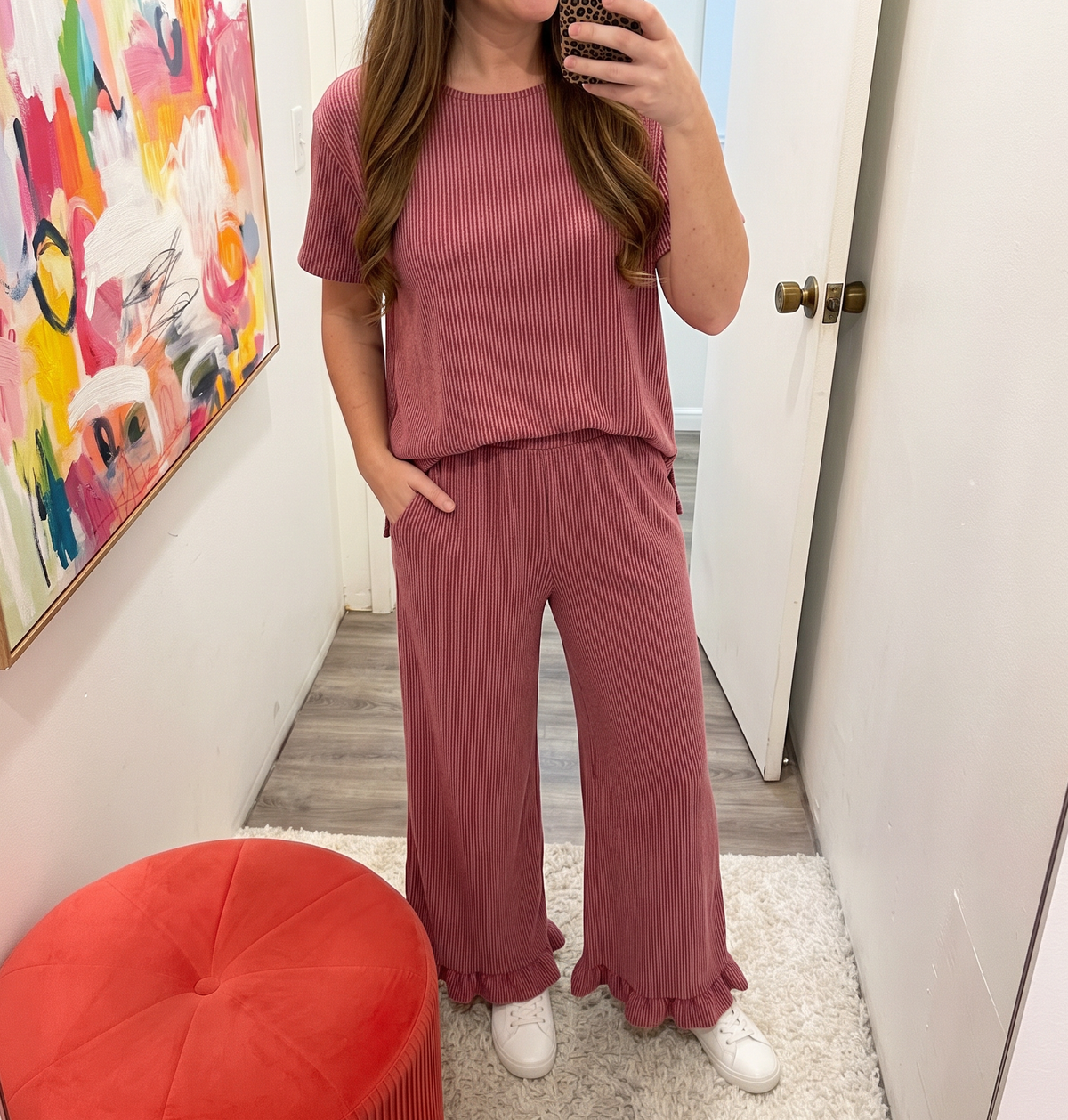 ribbed ruffle pants set