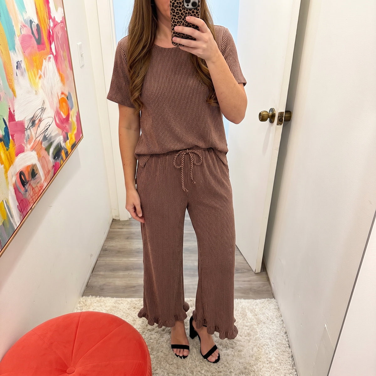 ribbed ruffle pants set