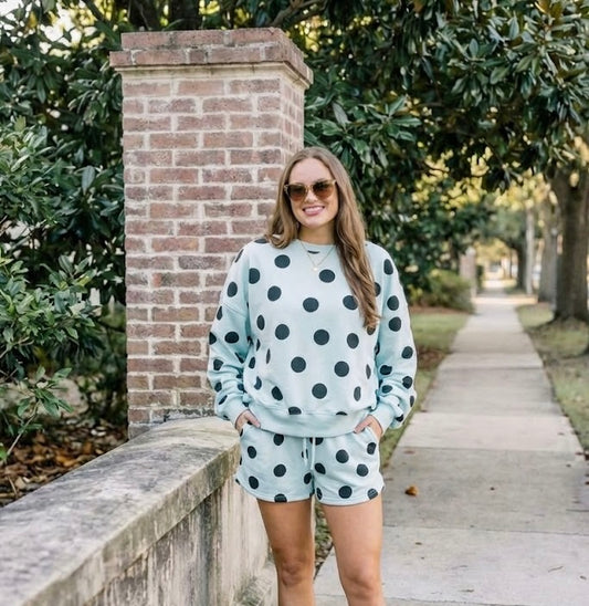 Sky Blue Polka Dot Print Drop Shoulder Pullover Drawstring Shorts Set