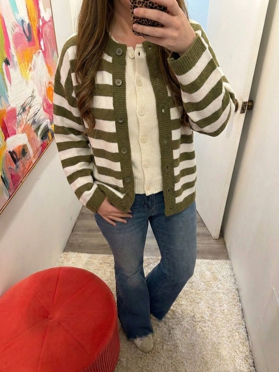 Striped Round Neck Button Down Boxy Knit Cardigan