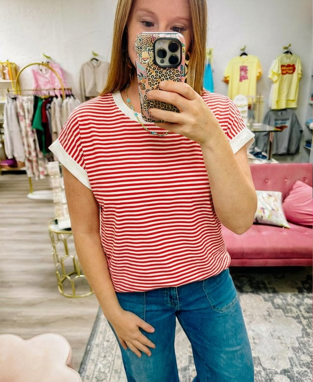Stripe Contrast Trim Rib Banded Top