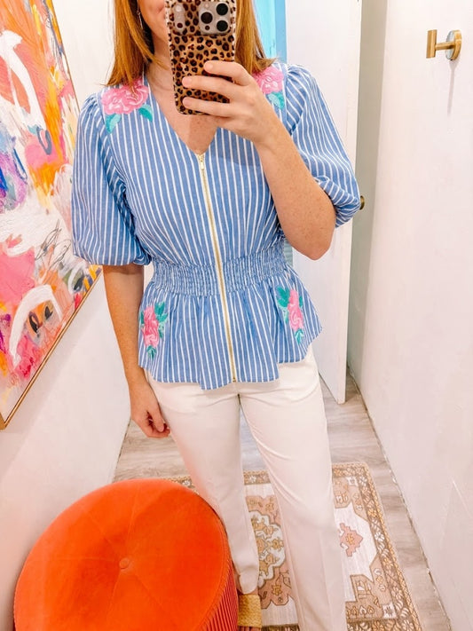 Stripe Contrast Detail Floral Embroidered Top