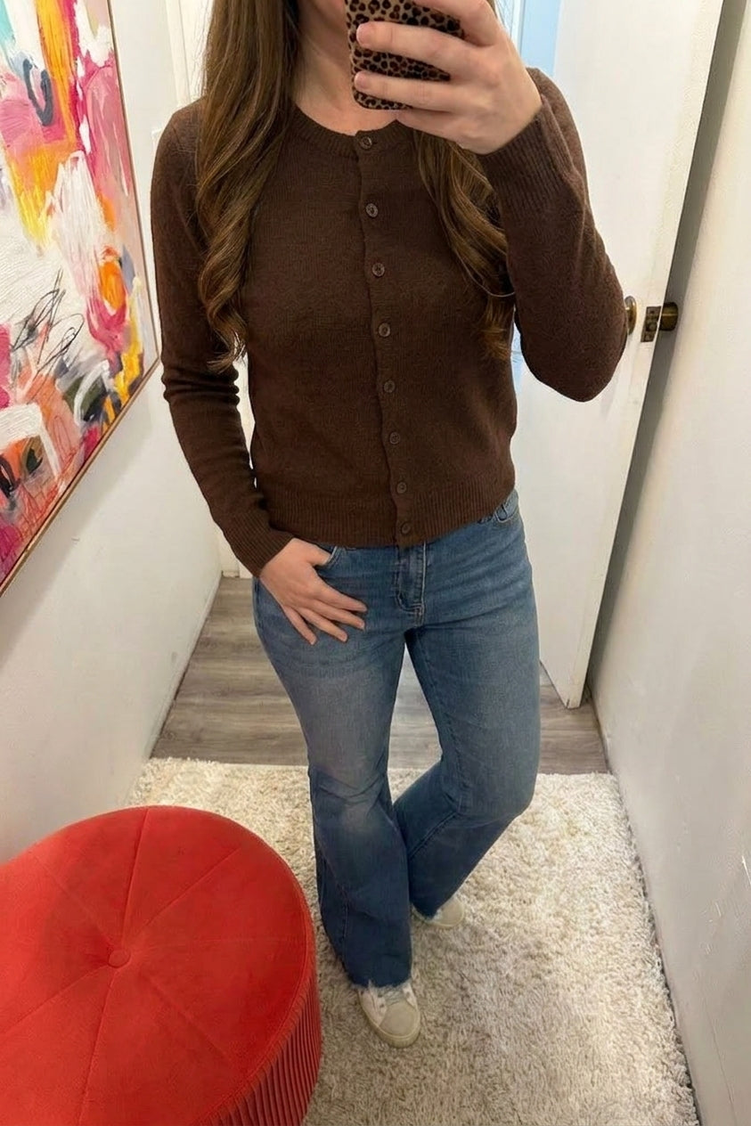 Round Neck Button Down Long Sleeve Cardigan