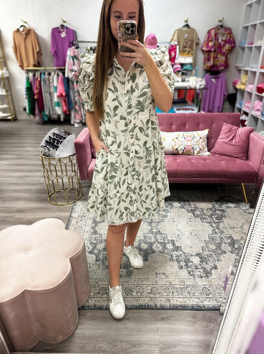 Leaf Print Button Up Shirt Dress
