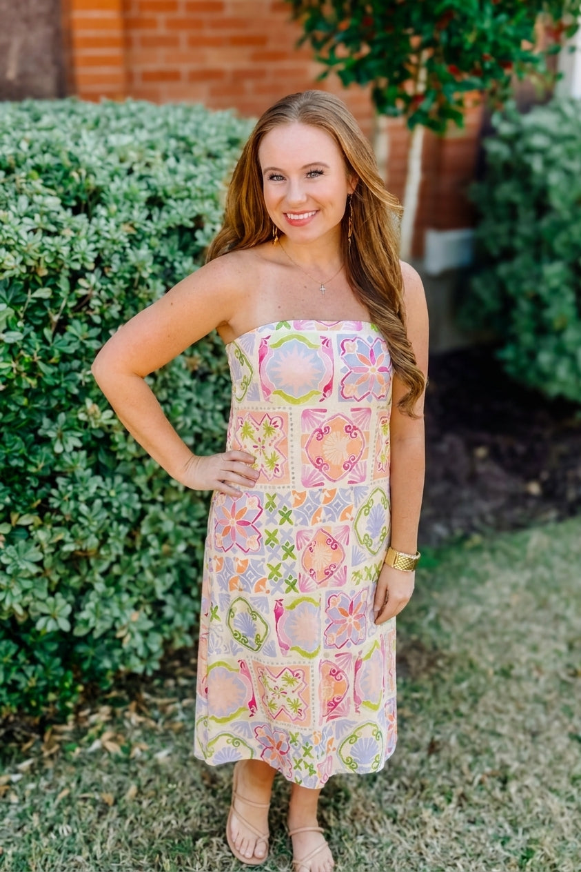Tile Print Side Zipper Strapless Maxi Dress