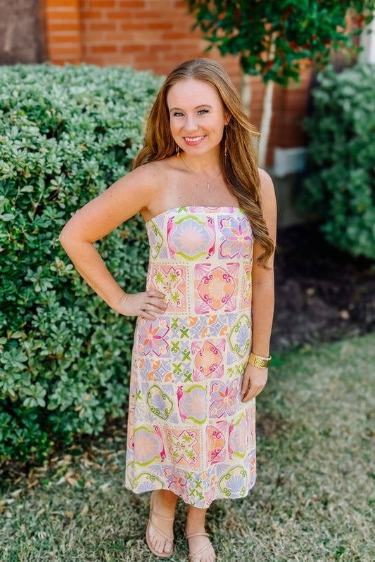 Tile Print Side Zipper Strapless Maxi Dress